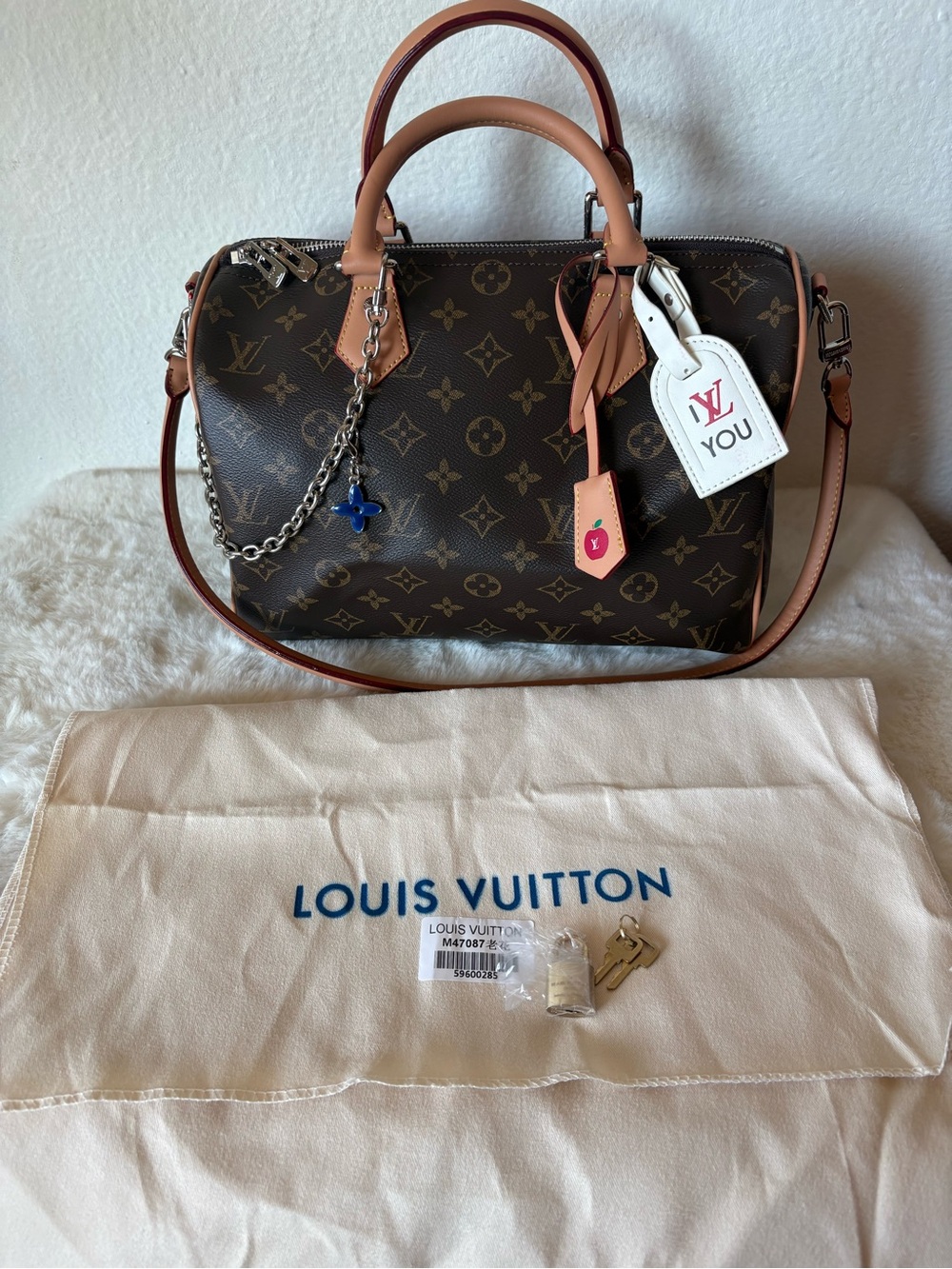 Inspired Monogram Satchel with Tan Leather Trim and White Tags